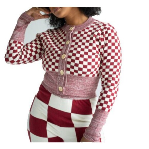 Find Me Now Presley Checkerboard Harlequin Puff Sleeve Cropped Cardigan M - Picture 11 of 14